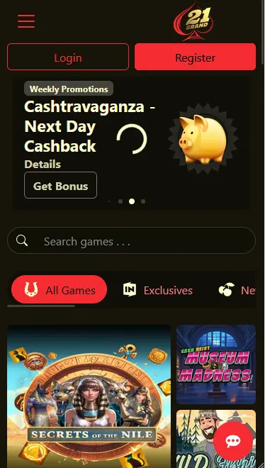 21Grand mobil Mobile Browser-Plattform von 21Grand Casino auf dem Smartphone