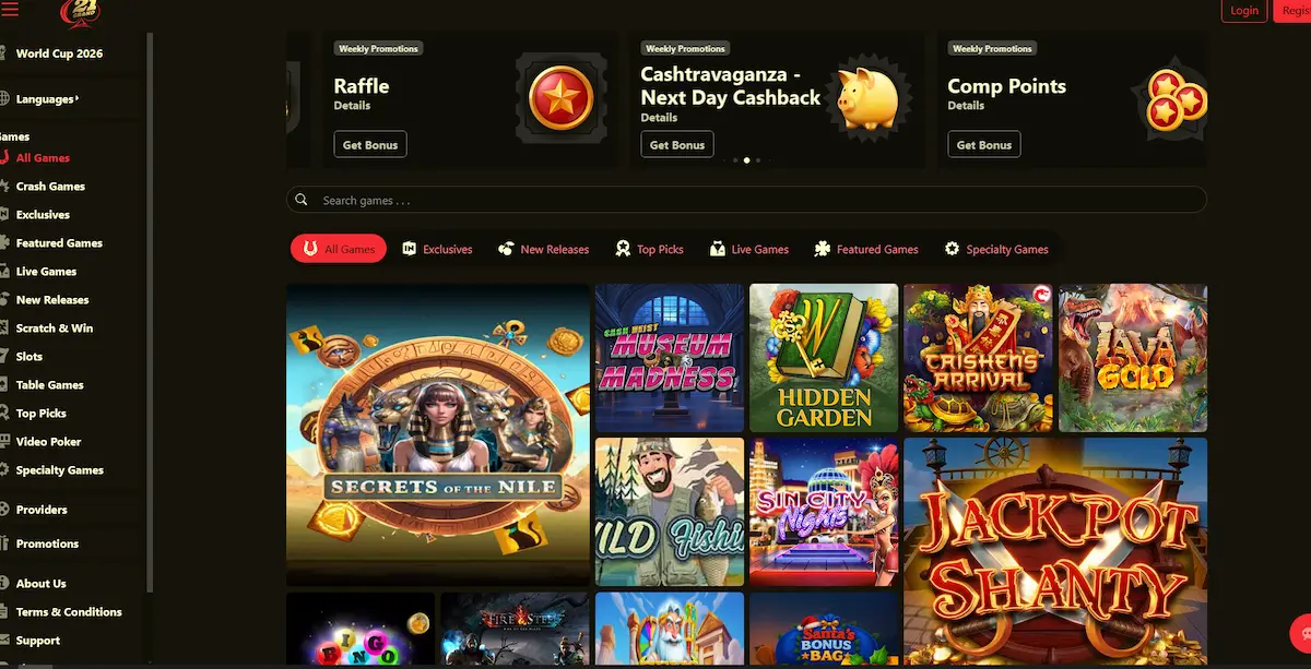 21Grand Casino Startseite mit Spielübersicht und Willkommensbonus