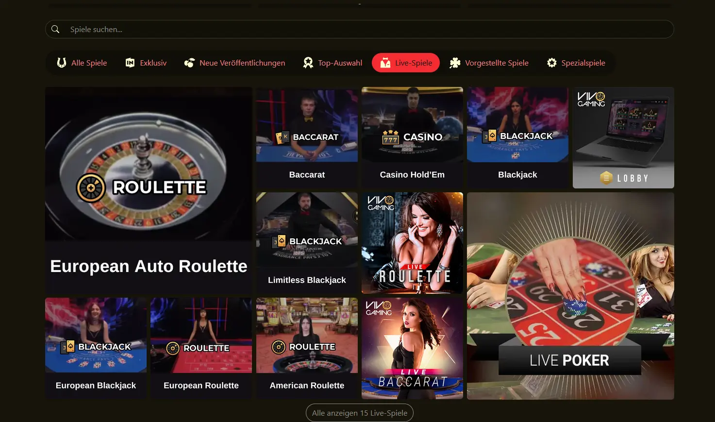 Live-Casino Lobby bei 21Grand Casino mit echten Dealern