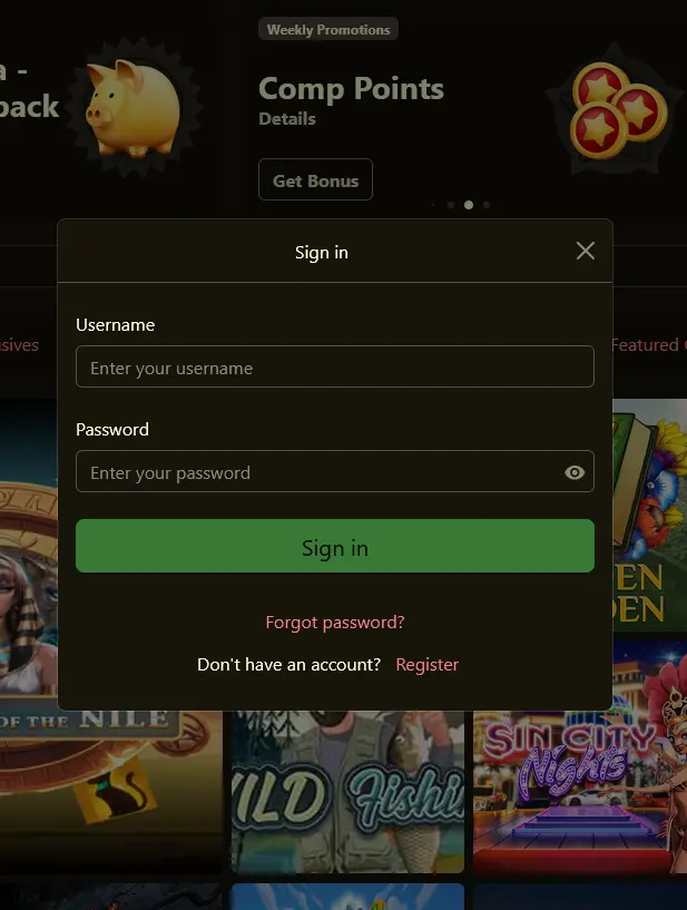 21Grand Login Login-Bildschirm von 21Grand Casino