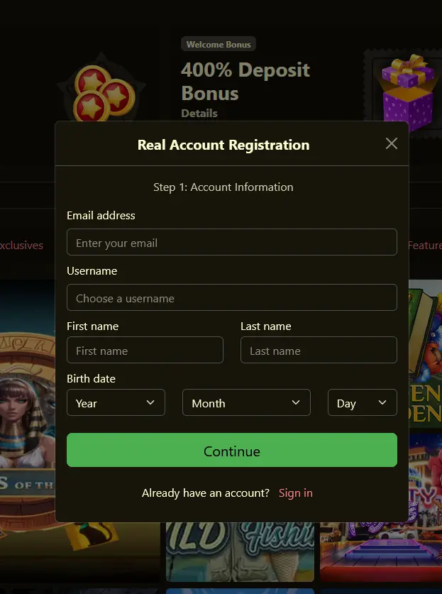 Registrierungsformular von 21Grand Casino